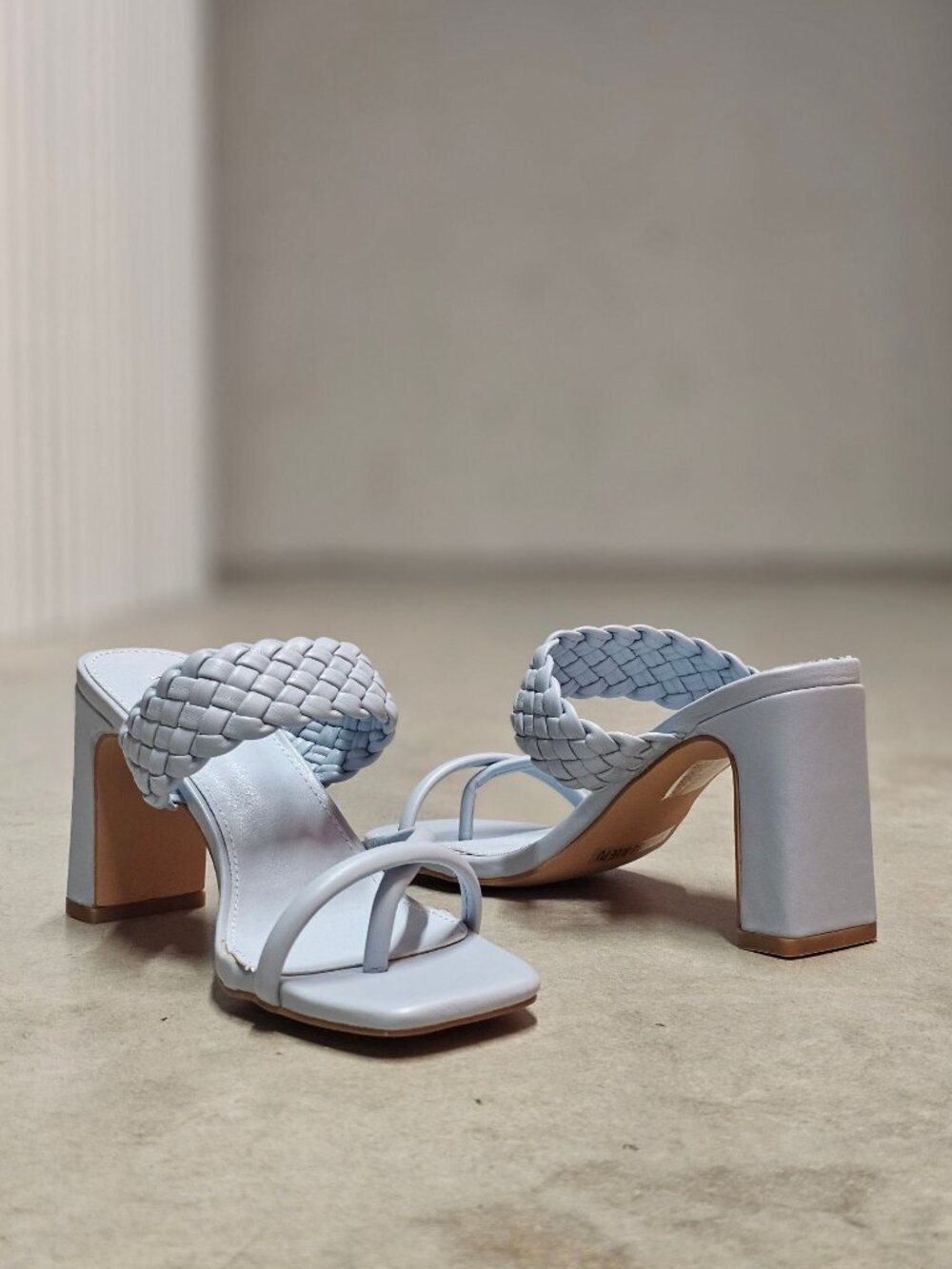 Braided Strap Block Heel Sandals In Light Blue With Square Toe Design